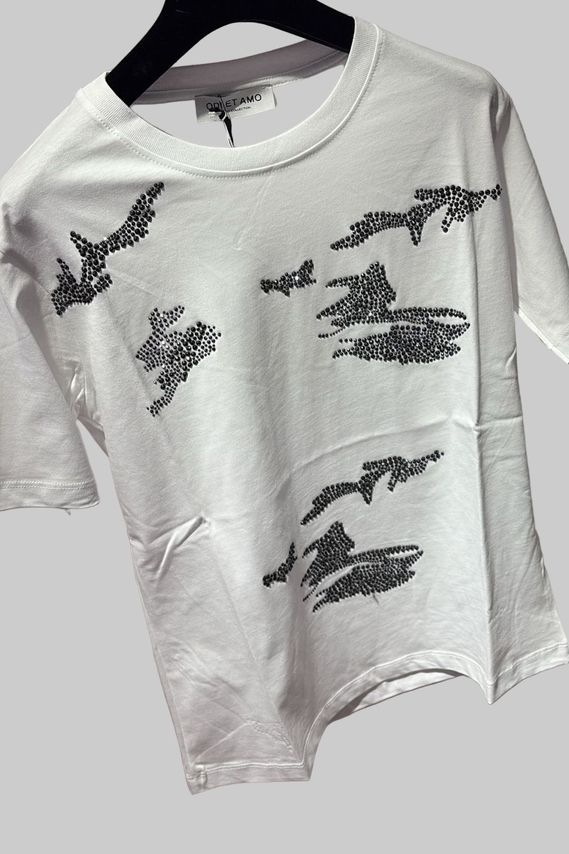 T‐SHIRT REGULAR FIT STRASS NERO CON MOTIVO MIMETICO ODI ET AMO