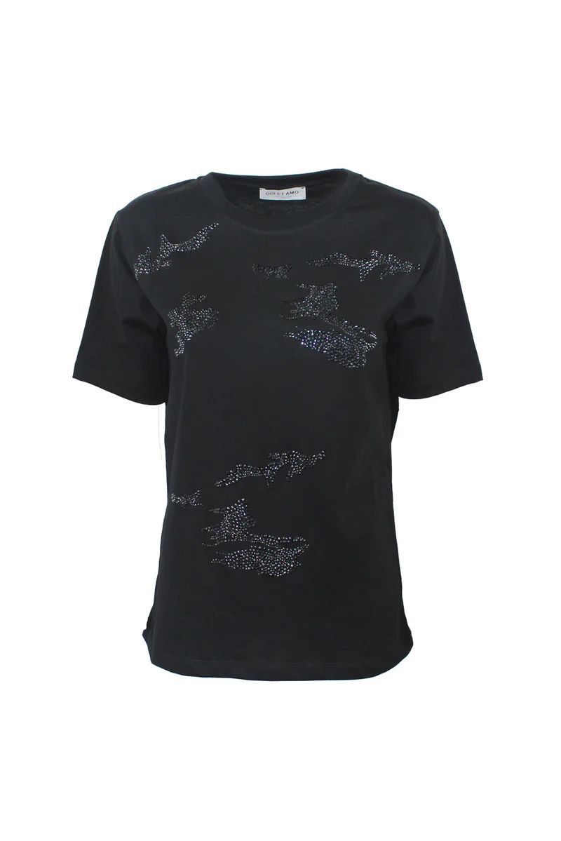 T‐SHIRT REGULAR FIT STRASS NERO CON MOTIVO MIMETICO ODI ET AMO
