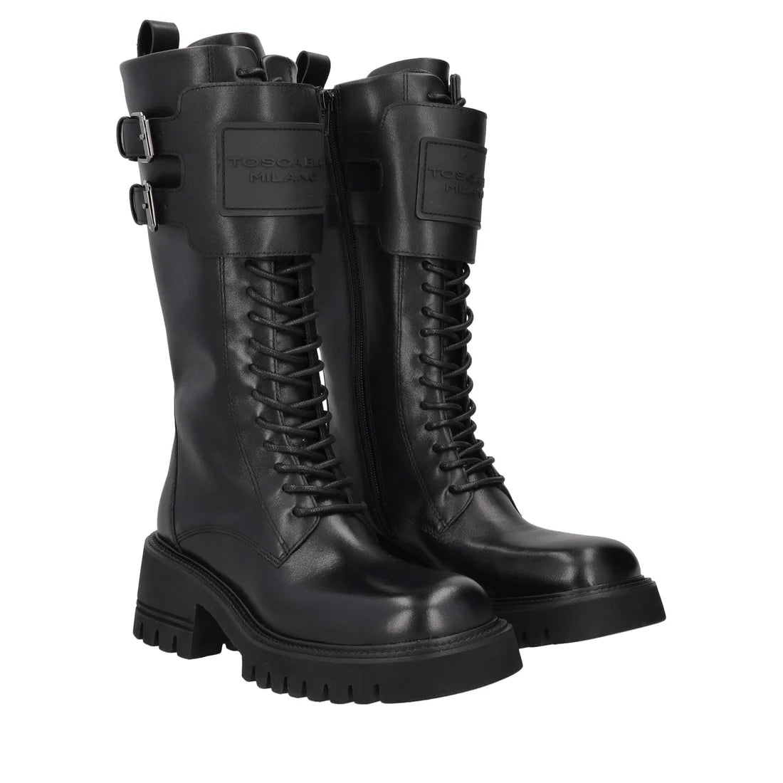 Stivale Madeleine in pelle con logo colore nero tosca blu