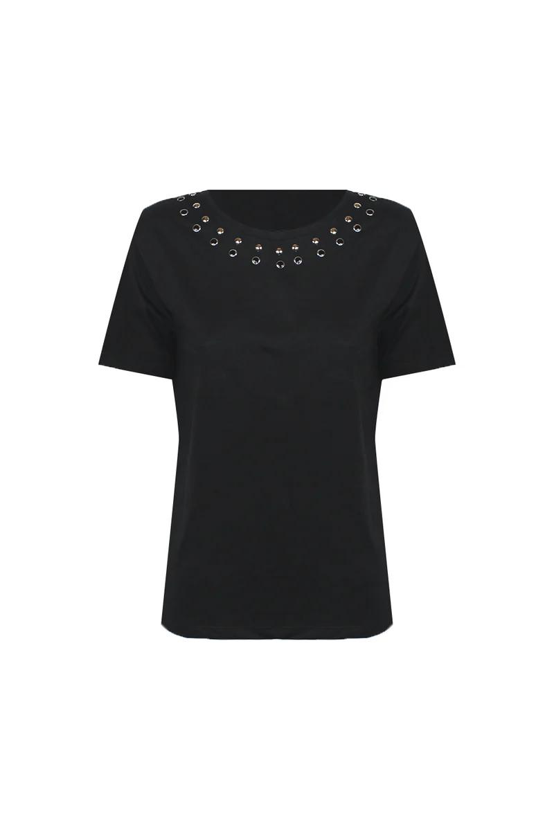 T‐SHIRT NORMAL FIT IN COTONE CON BORCHIE SUL GIROCOLLO