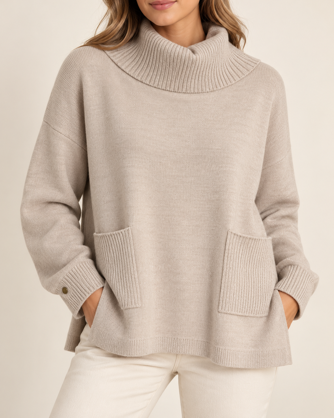 Maglia beige Carola Maria con collo alto indossata da una modella