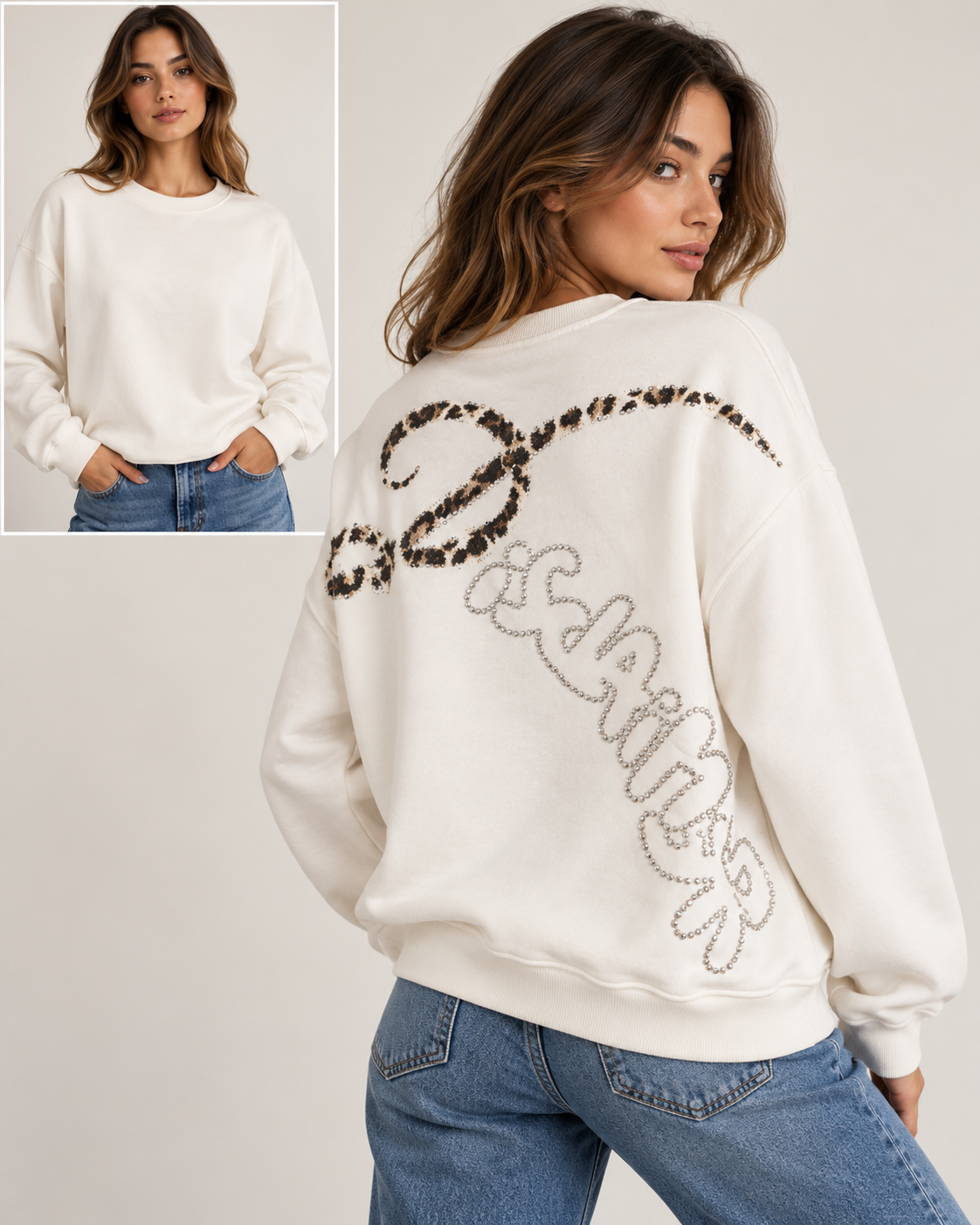 Felpa Disclaimer bianca con scritta in strass indossato da una modella