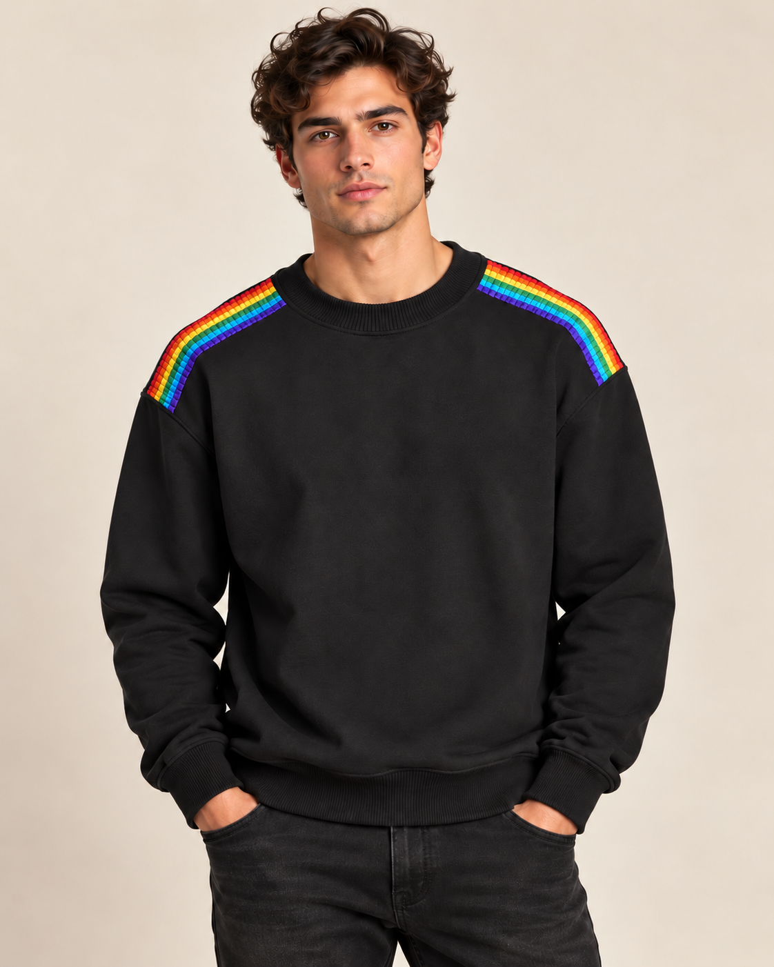 Felpa G2Firenze nera con bande arcobaleno indossata