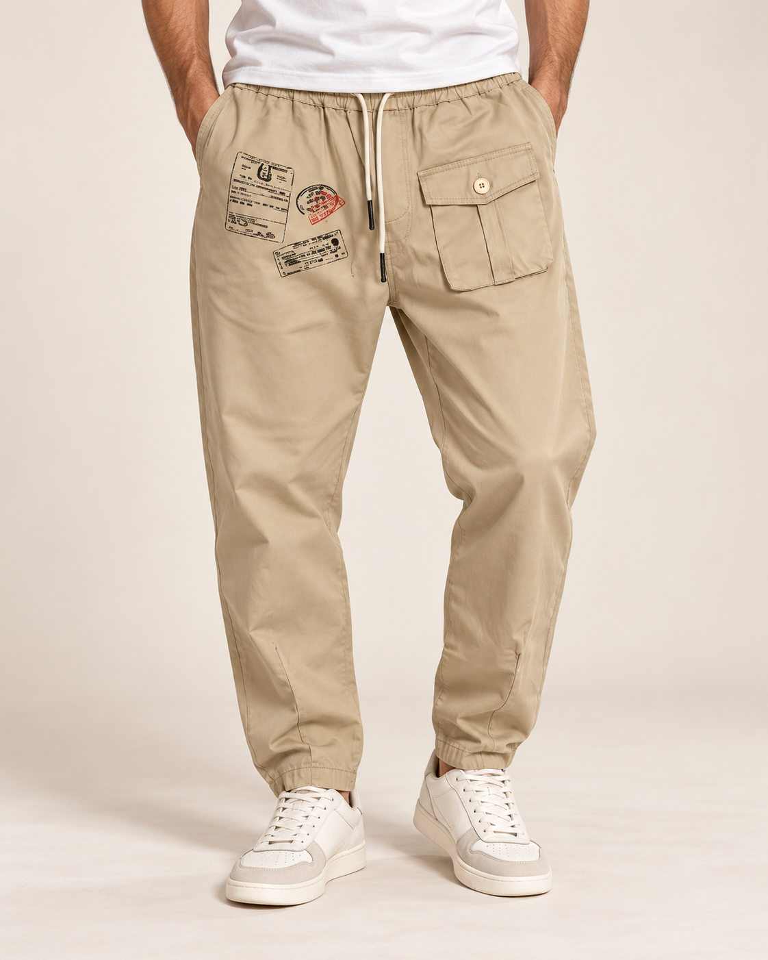 Pantalone beige G2Firenze con tasca cargo e dettagli stampati indossato
