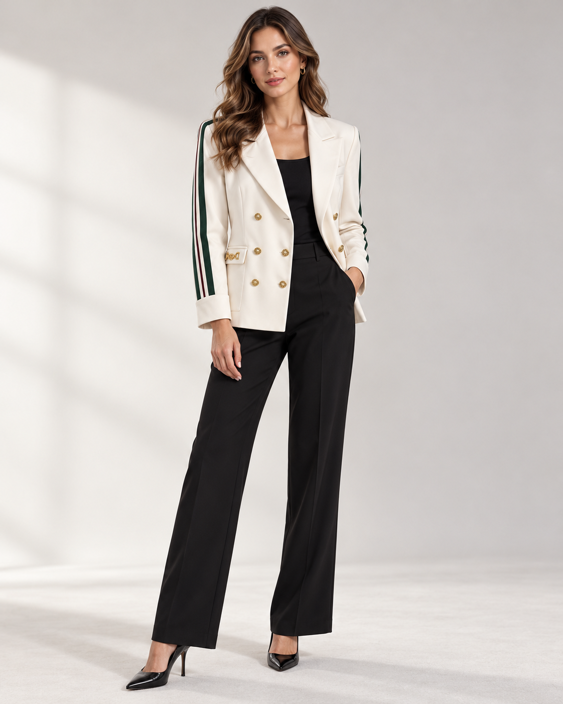 Blazer Gabriella Gucci bianco doppiopetto indossato da modella