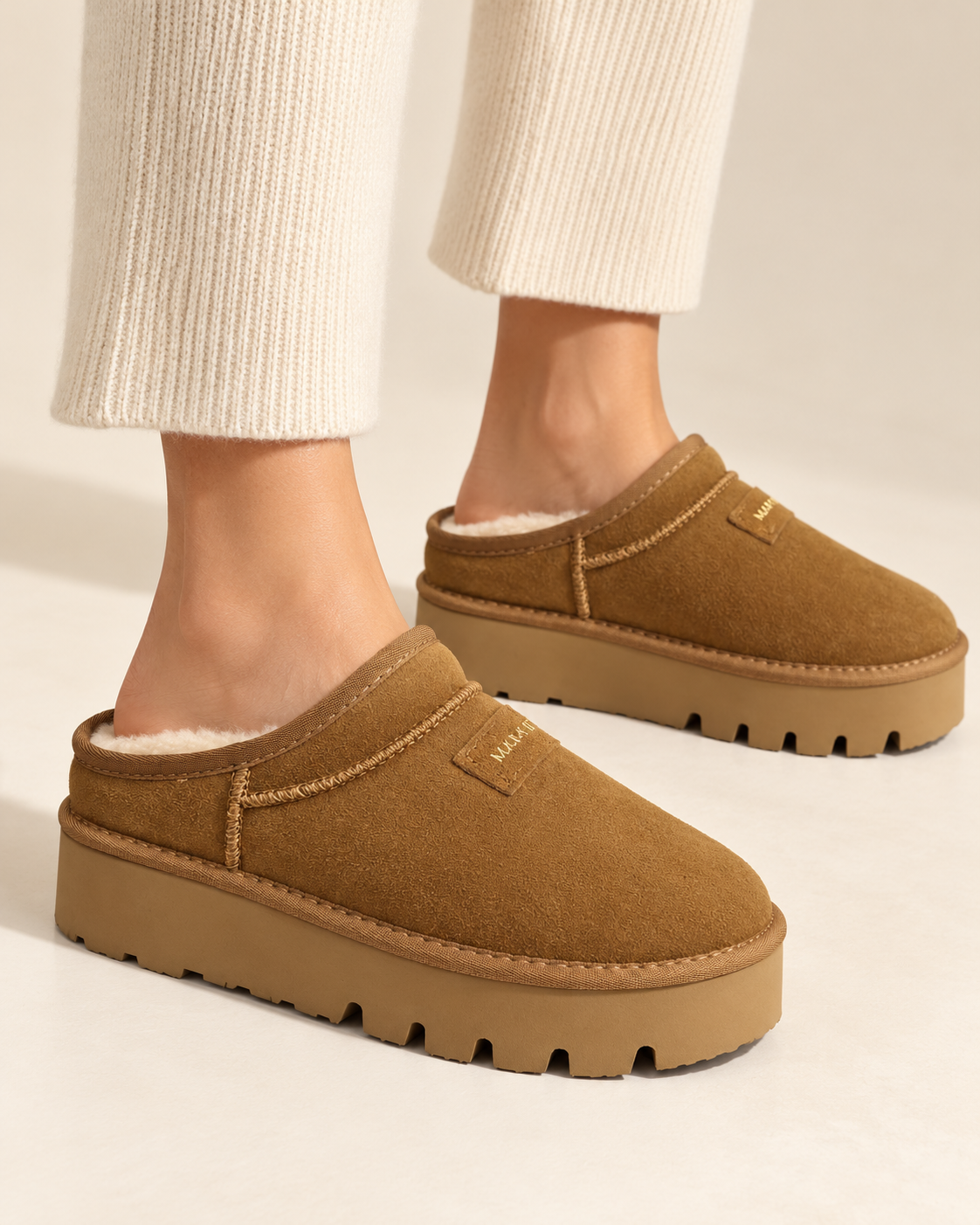 Sabot Marc Ellis color cammello indossati, con interno morbido e suola platform