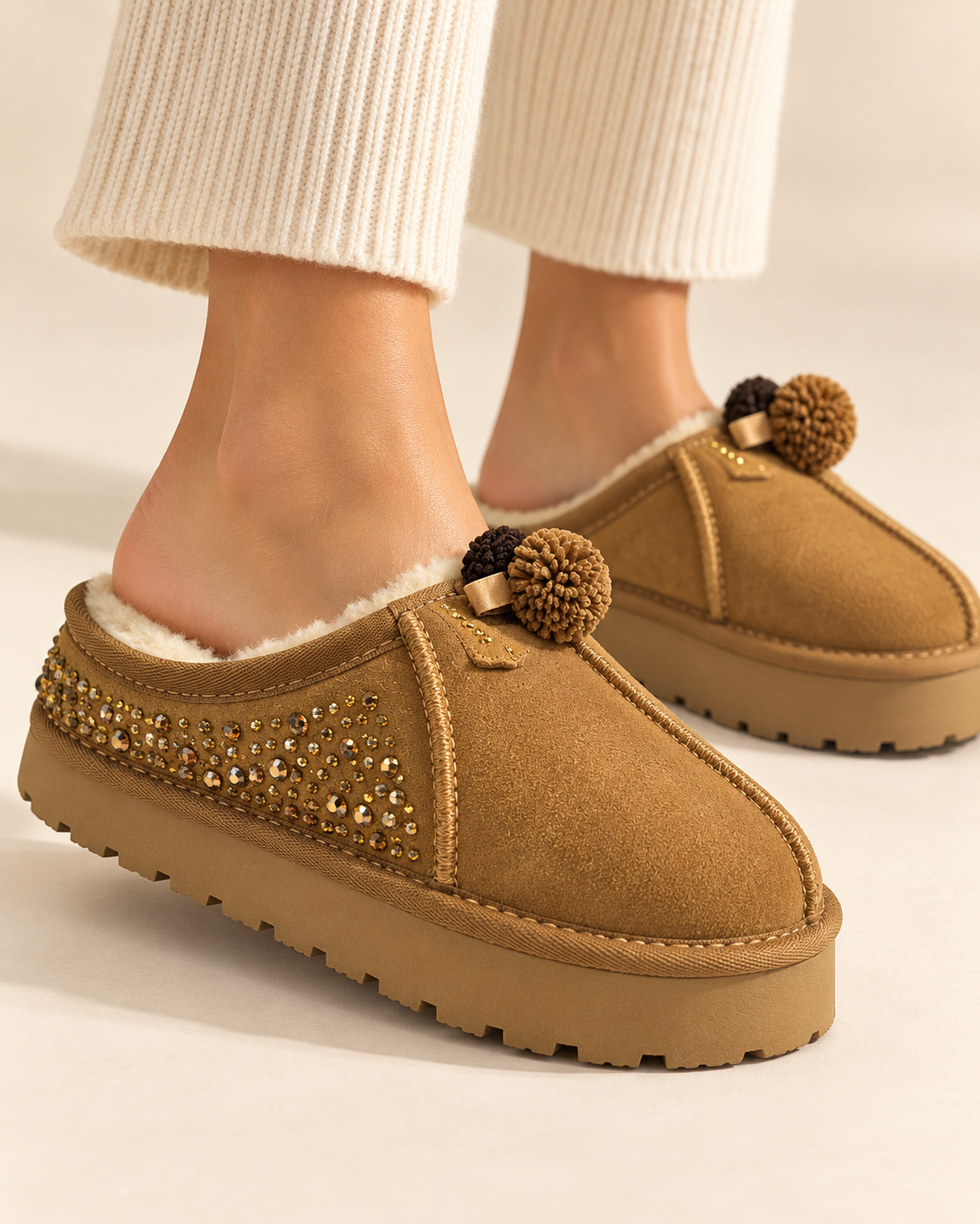 Sabot Marc Ellis cammello indossato, con strass laterali, interno morbido e platform