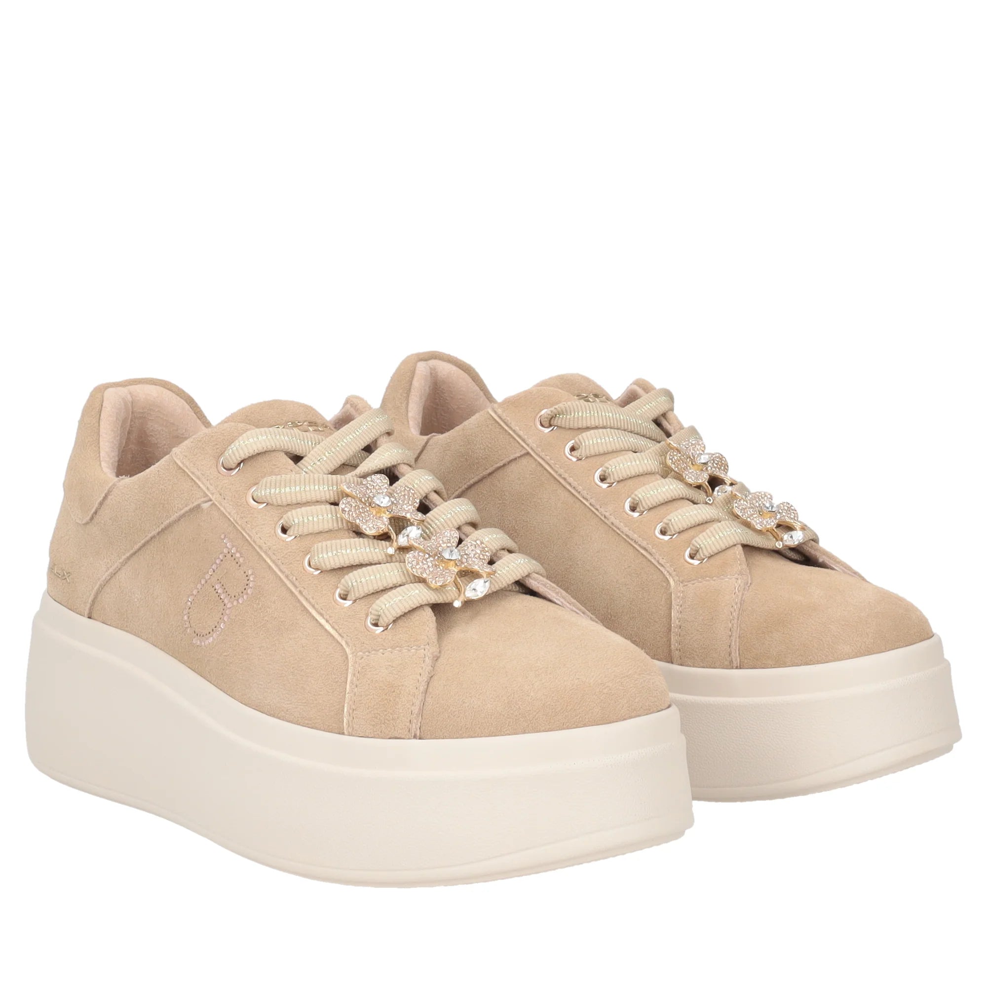 Sneakers Dazzling in suede con fiore gioiello colore beige tosca blu