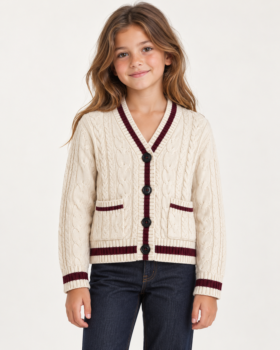 Cardigan Roy Roger’s panna e bordeaux - immagine indossata generata
