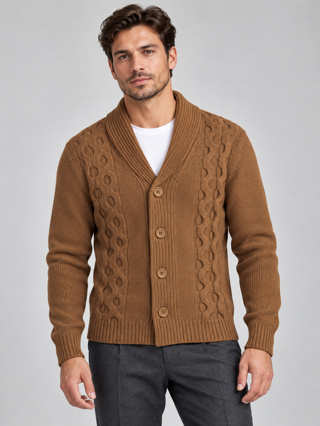 Cardigan uomo Superior Vintage a trecce Cammello indossato