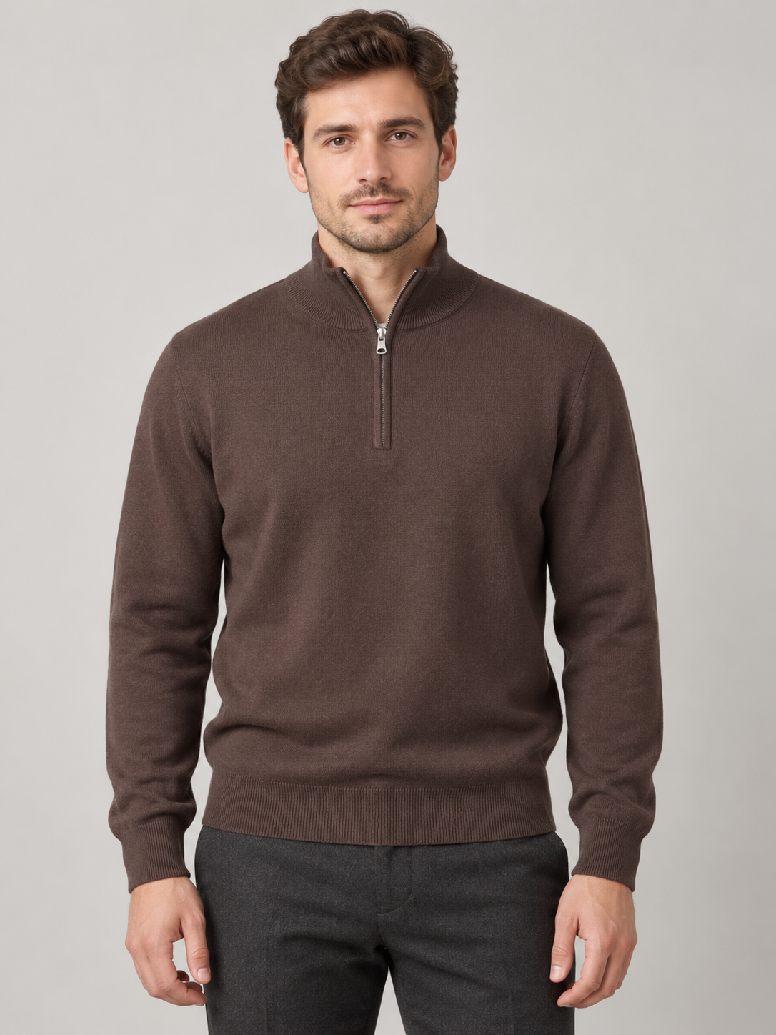 Maglia uomo Superior Vintage mezza zip Marrone indossata