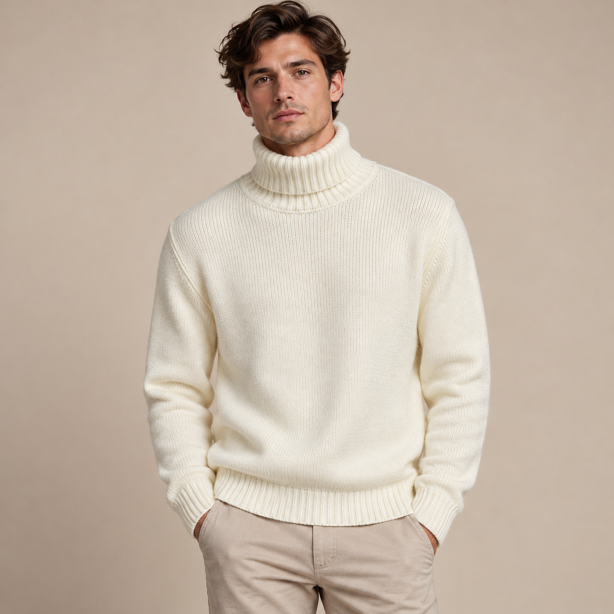 Maglione avorio Urban Ring a collo alto indossato da modello
