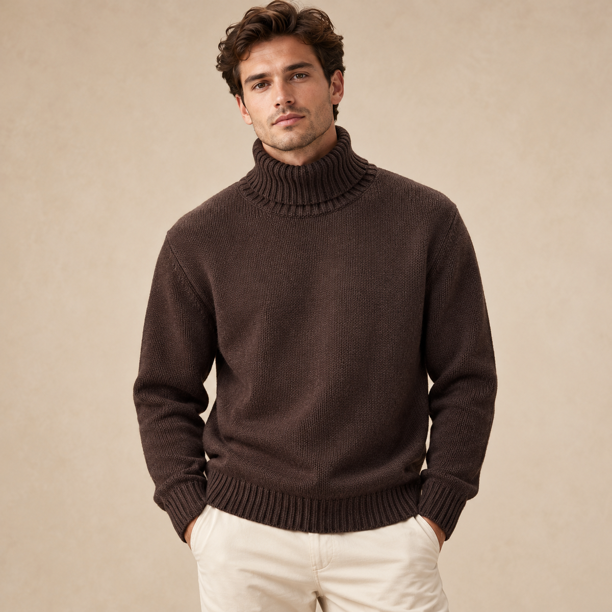 Maglione marrone Urban Ring a collo alto indossato da modello