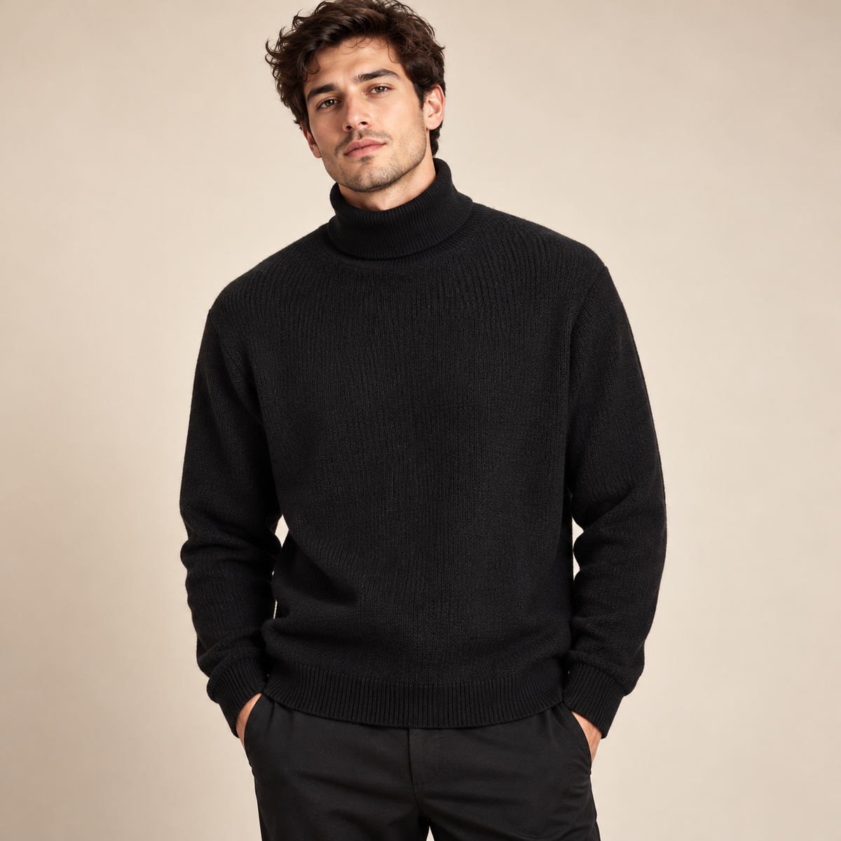 Maglione nero Urban Ring a collo alto indossato da modello
