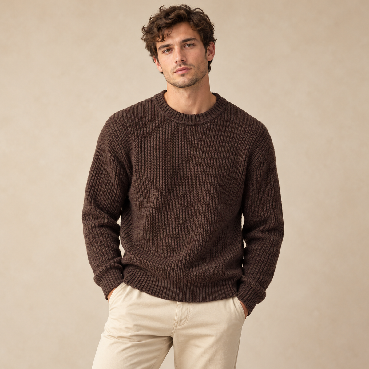 Maglione marrone Urban Ring girocollo indossato da modello