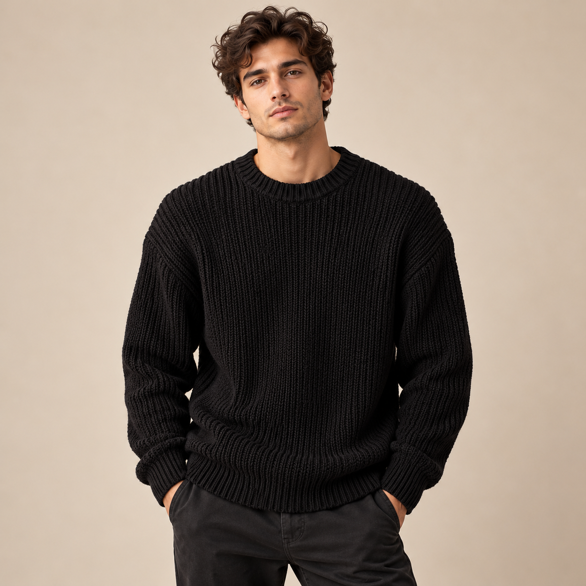 Maglione nero Urban Ring girocollo indossato da modello