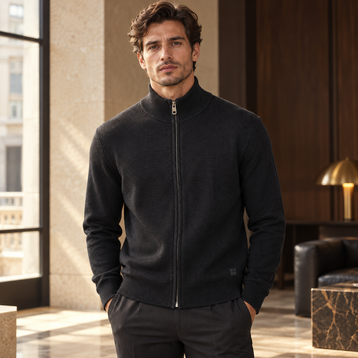 Cardigan Urbanring nero con zip indossato