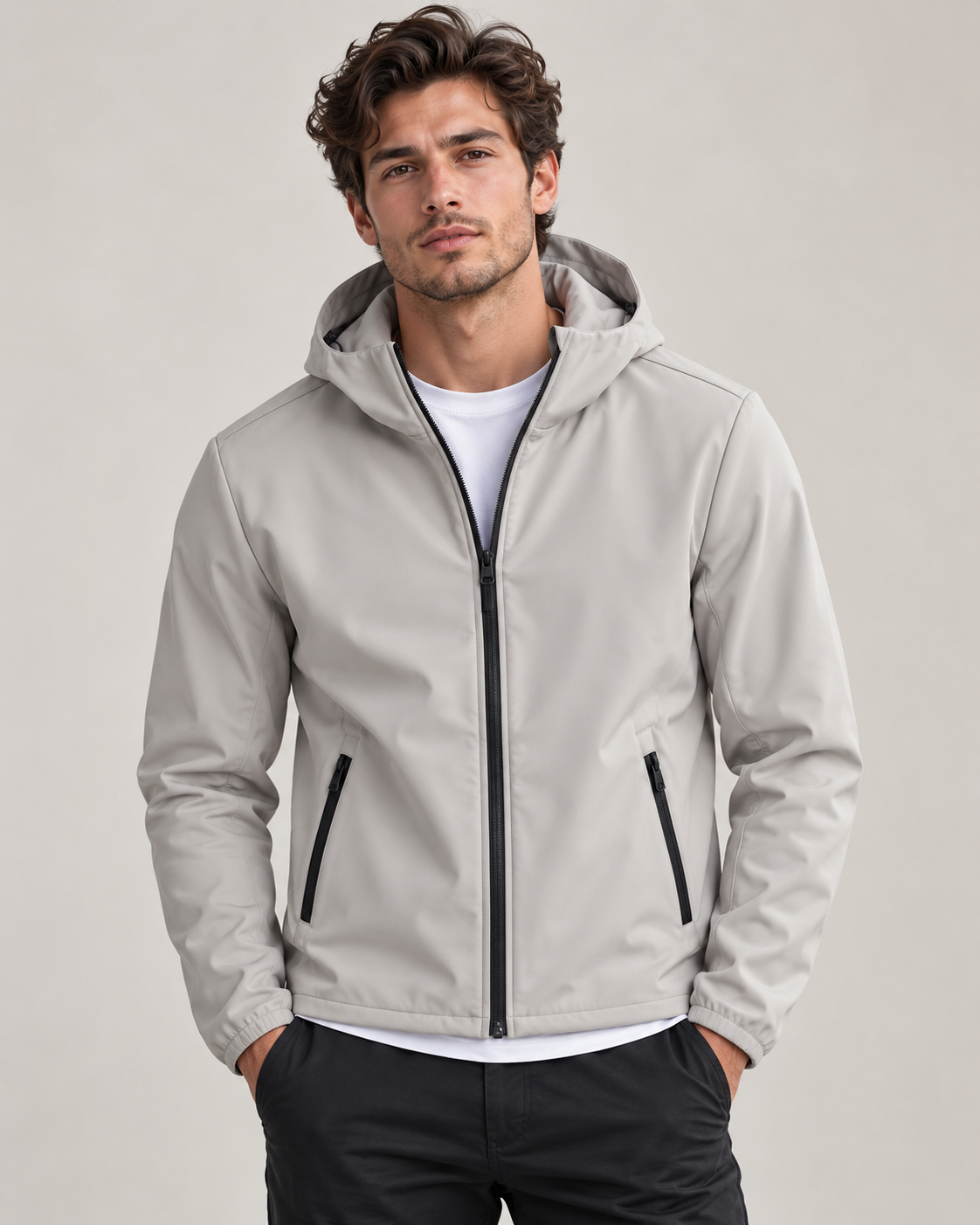 Giacca Urbanring grigio chiaro con cappuccio indossata