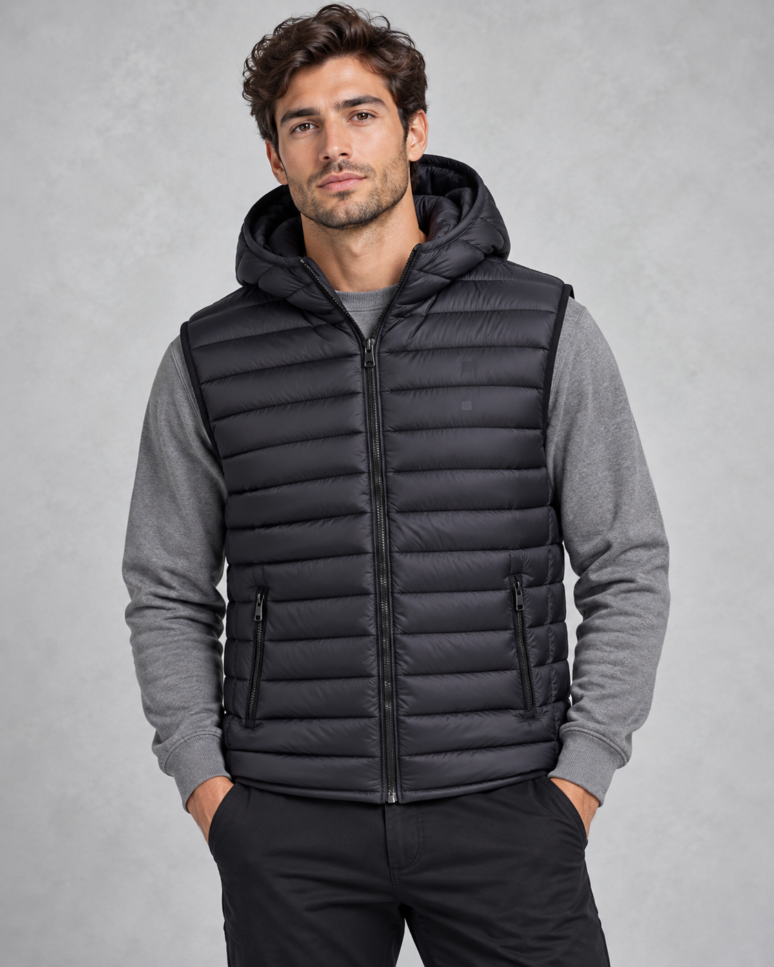 Gilet Urbanring nero trapuntato con cappuccio indossato