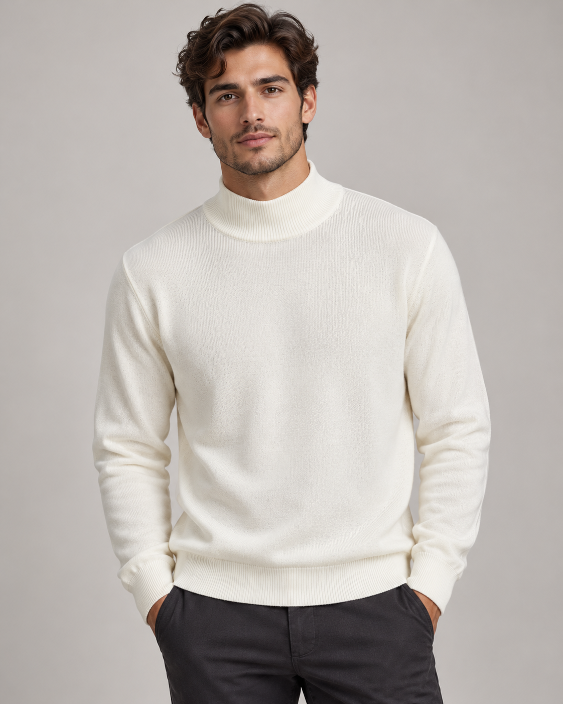 Maglia Urbanring avorio a collo alto indossata