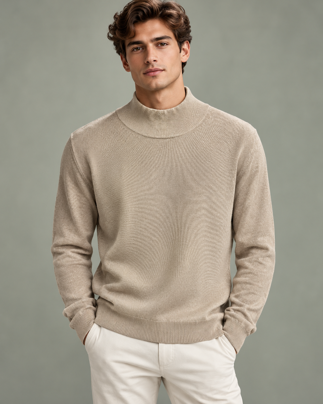 Maglia Urbanring beige a collo alto indossata
