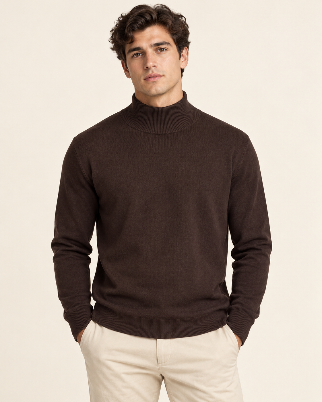 Maglia marrone Urbanring a collo alto indossata da modello