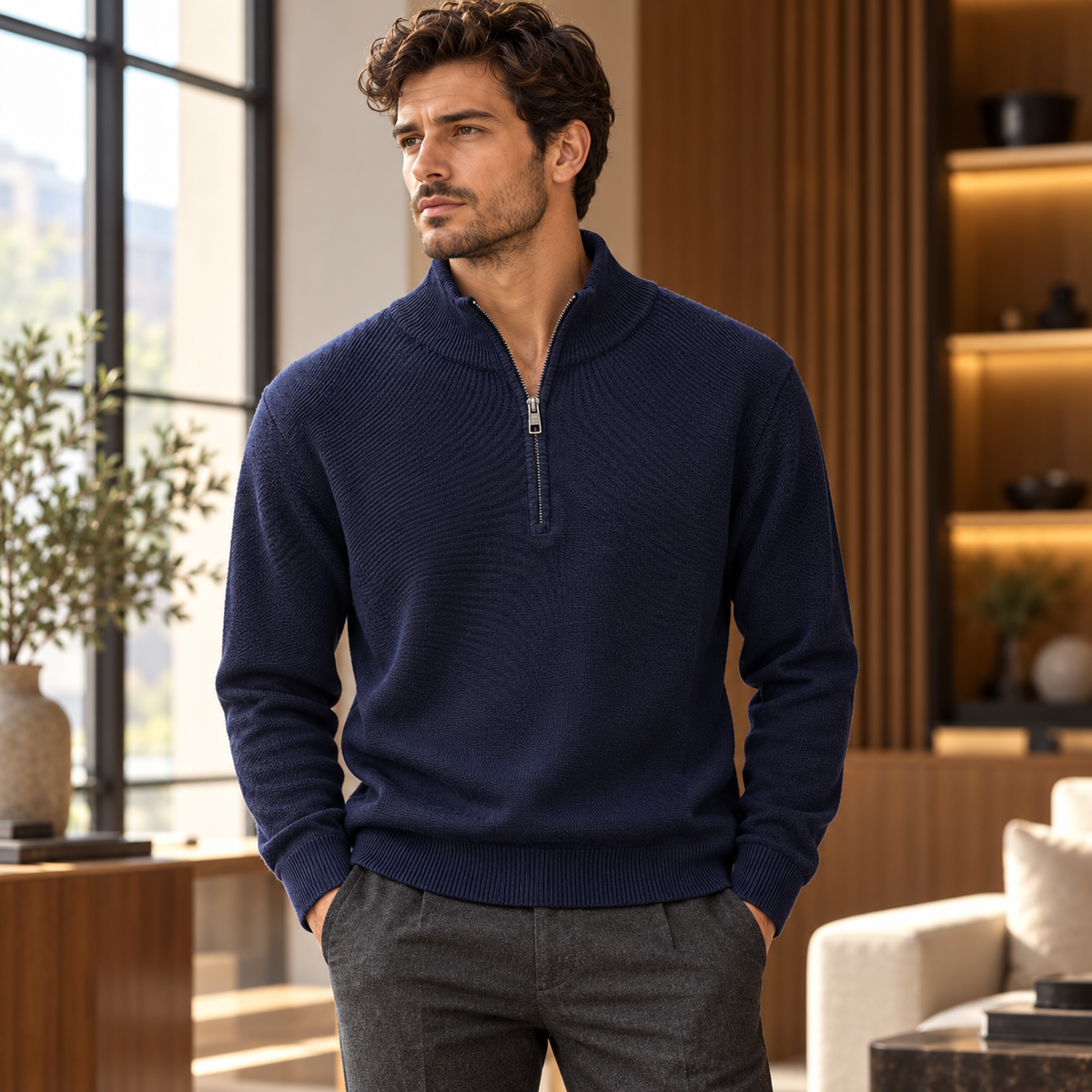 Maglia Urbanring blu navy con mezza zip indossata