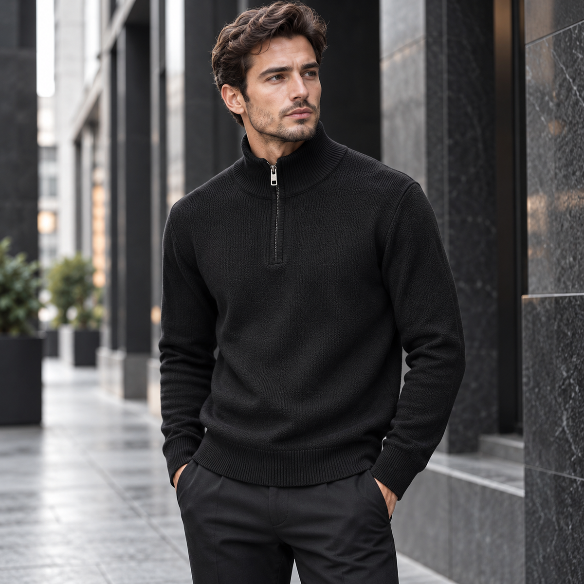 Maglia Urbanring nera con mezza zip indossata
