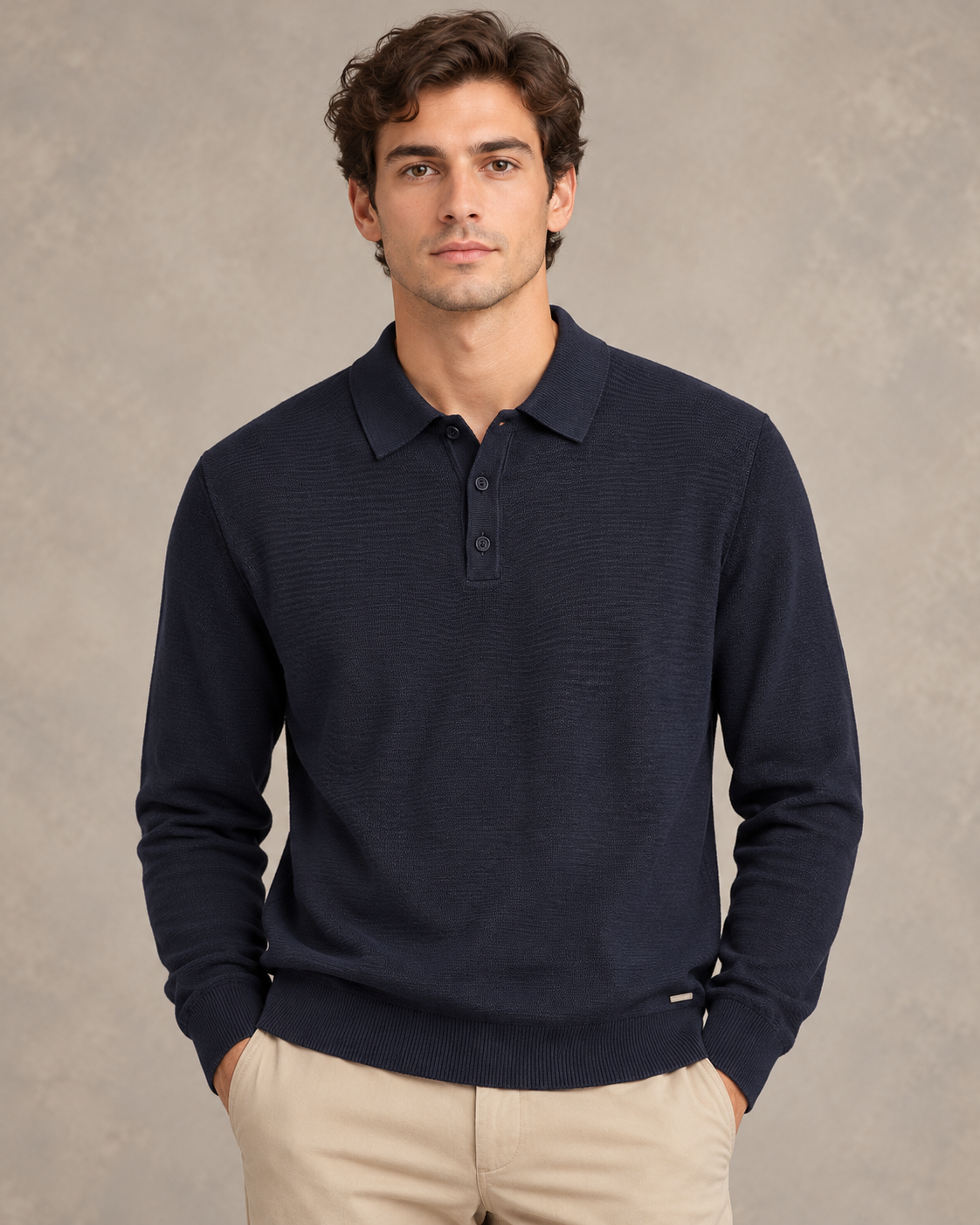 Maglia polo blu navy Urbanring a maniche lunghe indossata