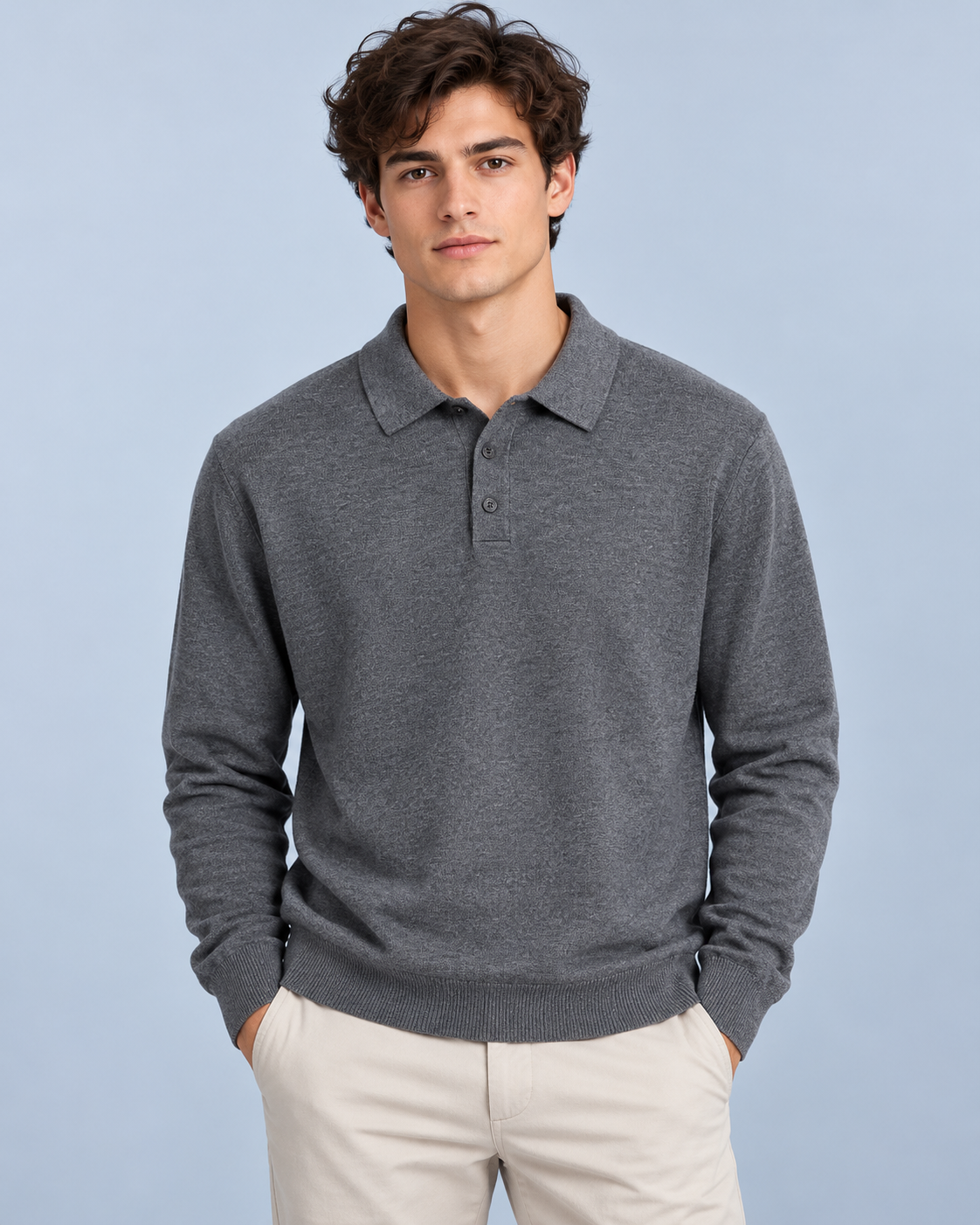 Maglia polo grigia Urbanring a maniche lunghe indossata