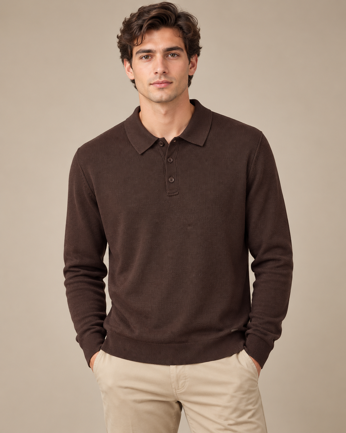 Maglia polo marrone Urbanring a maniche lunghe indossata